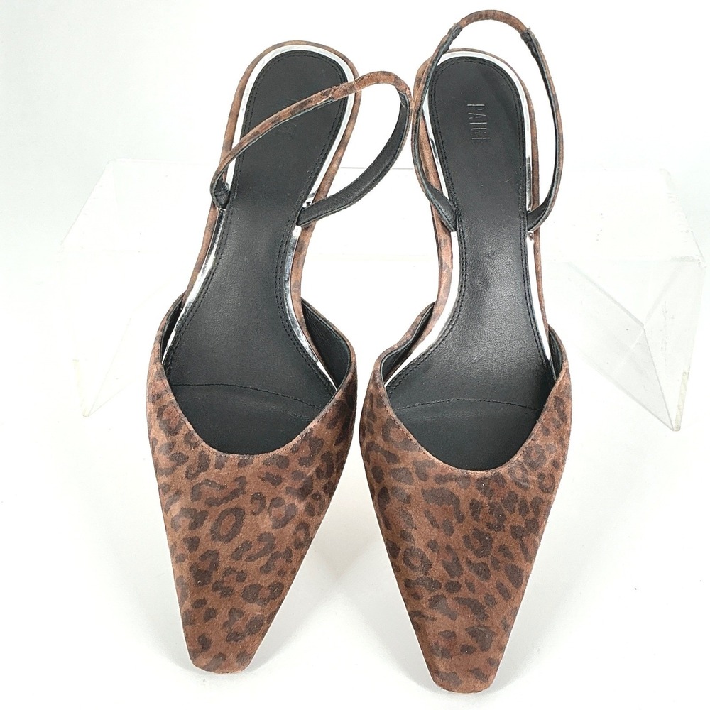 PAIGE Size 9.5 Leopard Print Suede Slingback Kitten Heels Pointed Toe Brown Aven - Picture 3 of 11